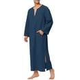 thumbnail image 3 of INSPIRE CHIC Men's Pajamas Cotton Sleepwear V-Neck Side Split Long Gown with Pocket L Navy Blue, 3 of 4