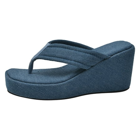 

YUHAOTIN Summer Sandals Platform Womens Denim Flip Flops Wedge Heel Summer New Thick Soled High Heeled Platform Sandals Vacation Style Beach Sandals Womens Leather Sandals