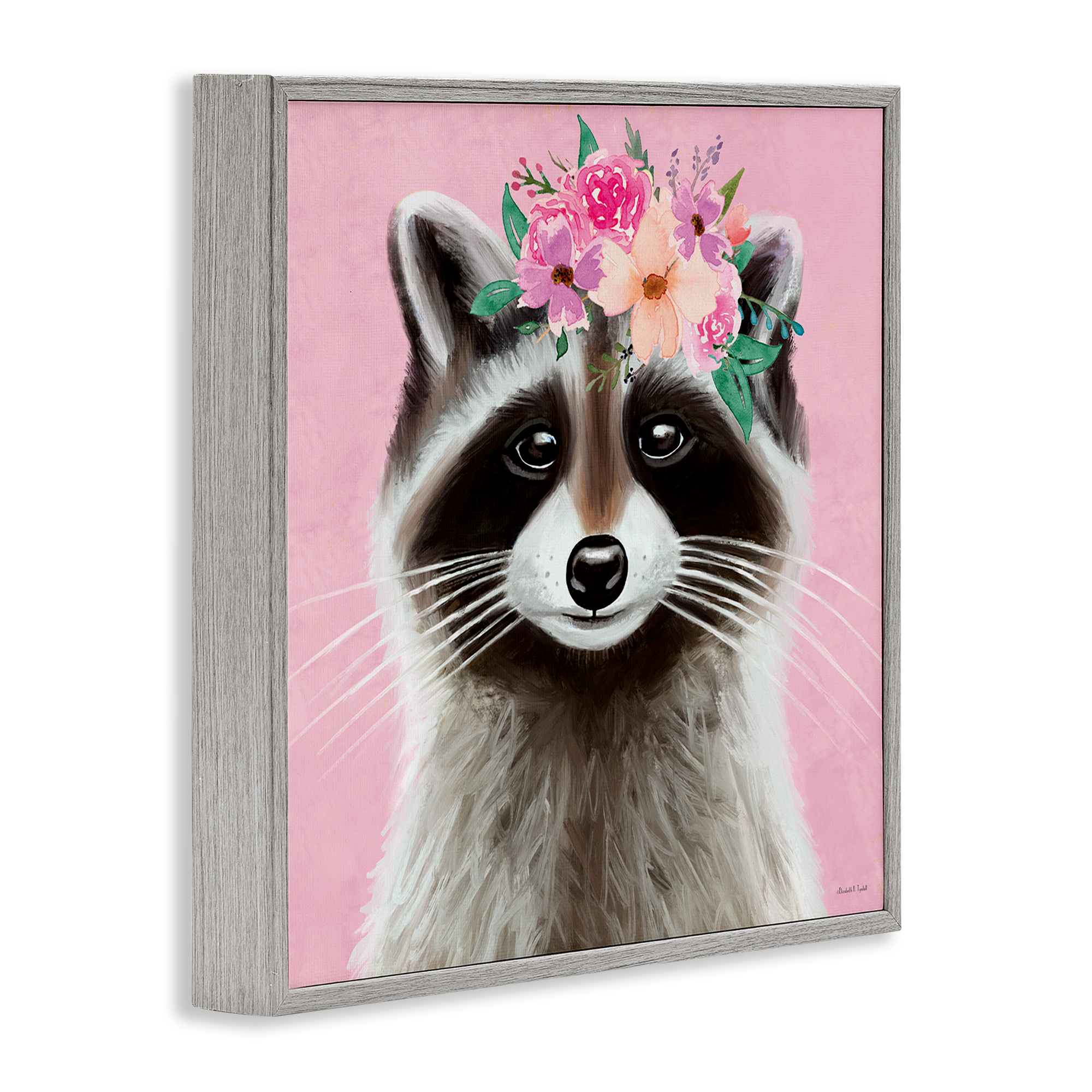 Stupell Industries Pink Florals Raccoon Animals & Insects Painting Gray Framed Art Print Wall Art, 24 x 24
