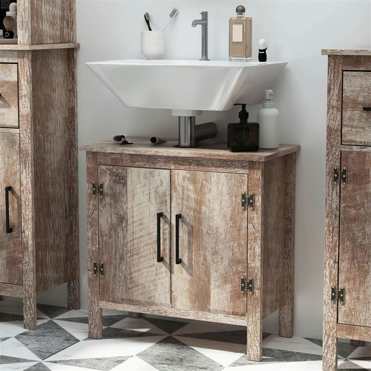 Demi Bonn 23" Bathroom Vanity with U-Shape Cut-Out, Pedestal Sink 2-Door Cabinet, Rustic Under Sink Cabinet, Brown