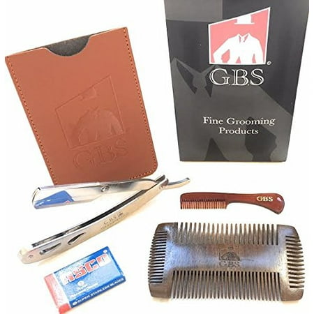 GBS Premium Beard Shaping Gift Package- 4 Sided Sandalwood Comb with case, Stainless Steel Shavette, mustache comb with 5