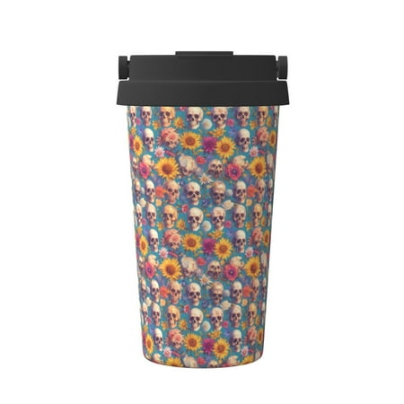

Tebeau Skull sunflower daisy Print Travel Coffee Mug Insulated Coffee Cup with Leakproof Lid Coffee Tumbler Reusable Coffee Cups with Seal Lid