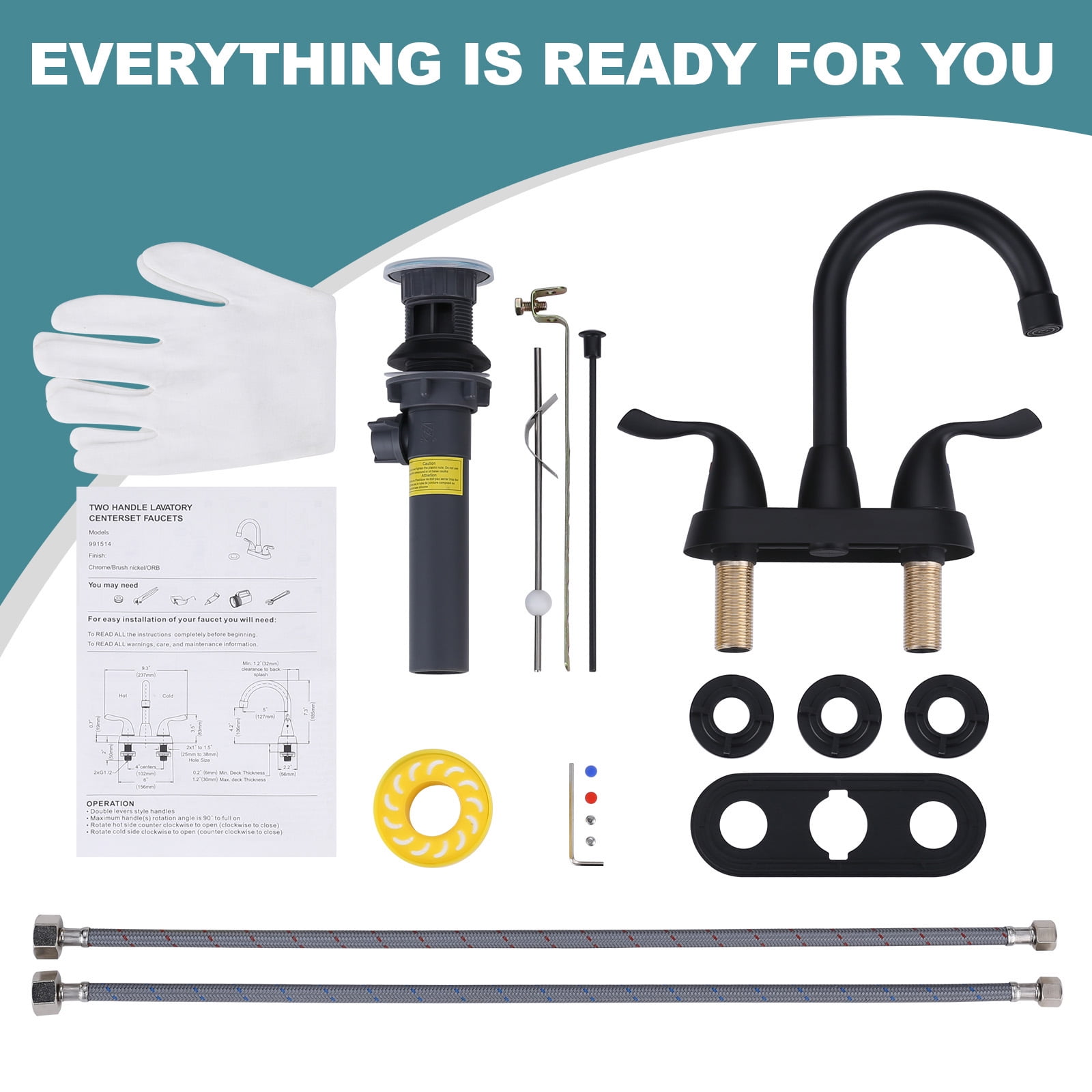 WOWOW Matte Black Bathroom Faucet, 2 Handle Basin Faucet, 4 Inch Centerset Bathroom Faucet with Drain Assembly and Supply Hoses, Bathroom Sink Faucet Black