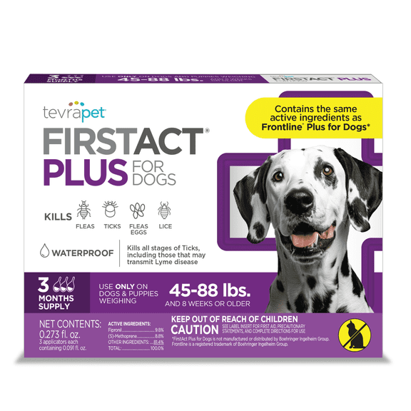 TevraPet FirstAct Plus Flea and Tick Prevention for Dogs, 3 Monthly Treatments
