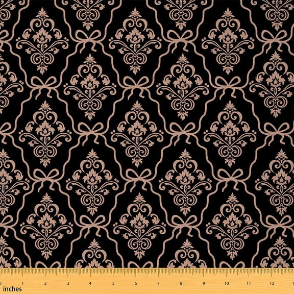 Manfei Boho Victorian Damask Sewing & Crafting Fabric (3 Yards), Black Pink Home Decor Fabric by the Yard, Girly Bow Tie DIY Fabric