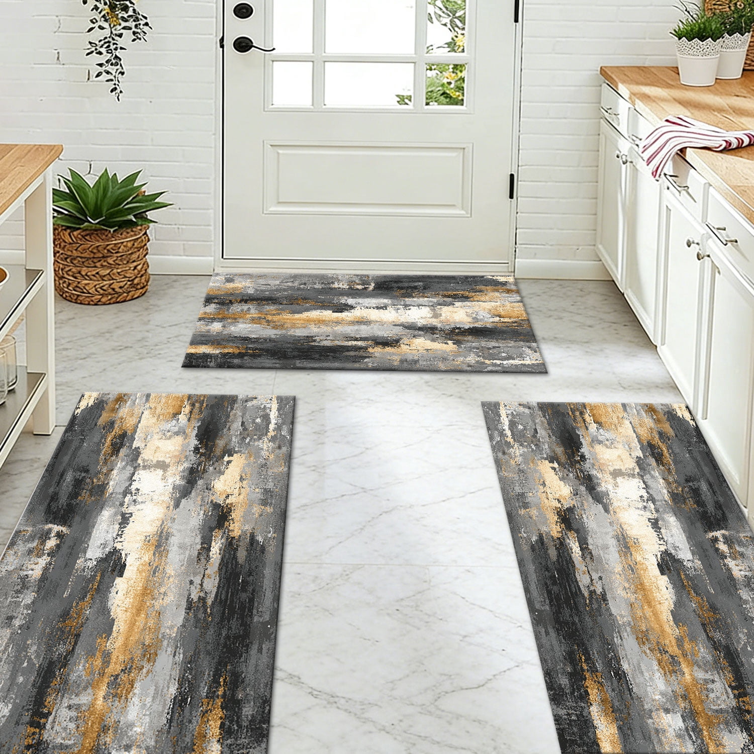 3 Piece Kitchen Rug Set, Non-Slip And Washable, Abstract Pattern Kitchen Hallway Rug, Soft And Comfortable, Suitable For Sinks, Floors, Entrances, Hallways and Bathrooms