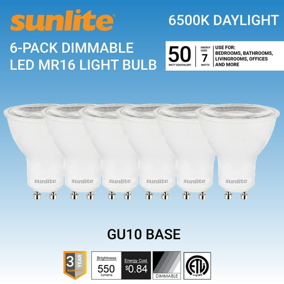 Sunlite 40358 LED MR16 Reflector Spotlight Bulb, 7 Watts (50W Halogen Bulb Replacement) 120 Volt, 550 Lumen, 35° Flood Beam, GU10 Base, Dimmable, ETL Listed, 6500K Daylight, 6 Count