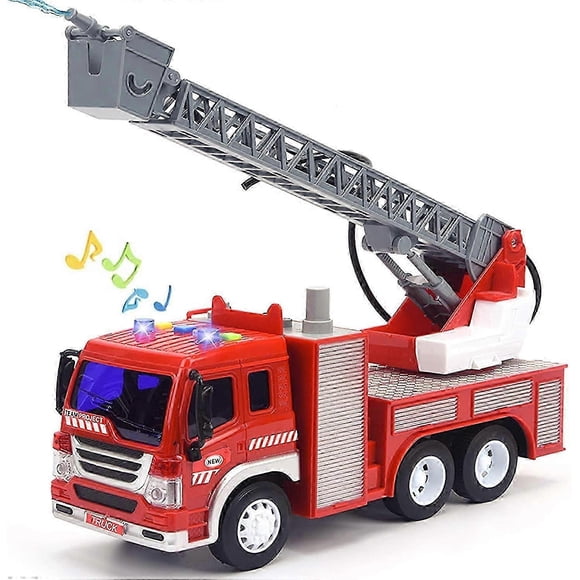 Fire Truck Toy with Lights and Sounds, 10.5" Friction Powered Car Fire Engine Truck with Water Pump, Sirens and Extending Ladder Firefighter Toy Truck