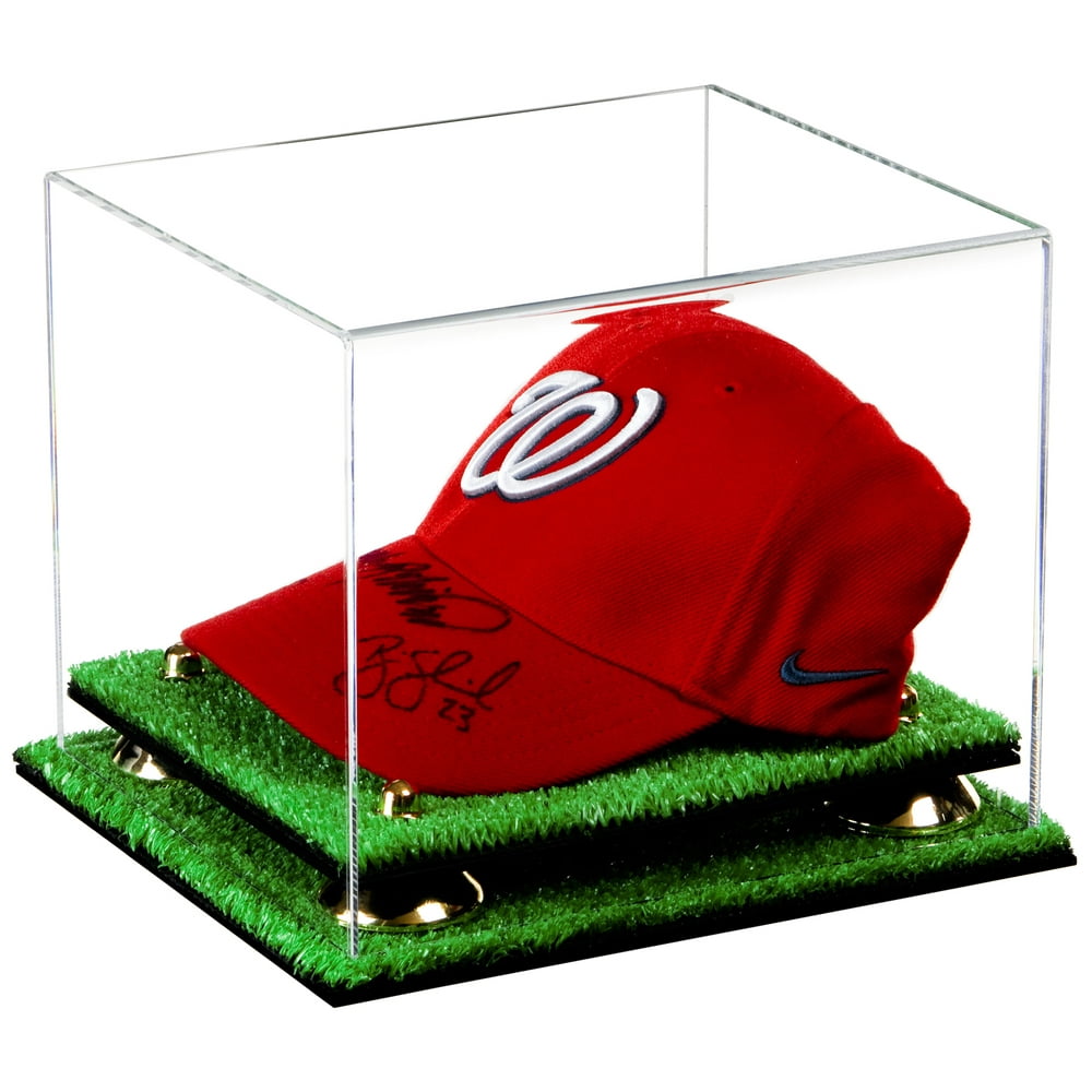 Deluxe Clear Acrylic Baseball Cap Display Case Gold Risers Turf Base