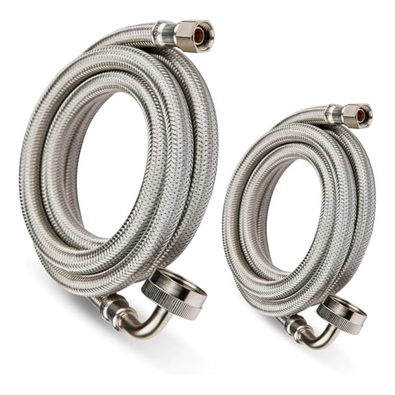 2-PACK 10 FT Stainless Steel Dishwasher Hose with 90 Degree FGH Elbow, 3/8" Comp x 3/4” FHT Water Supply Line