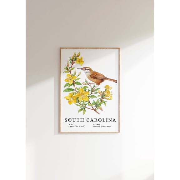 Carolina Wren & Jessamine Flower Art Poster - South Carolina State Bird, Unframed Poster Size 8x12