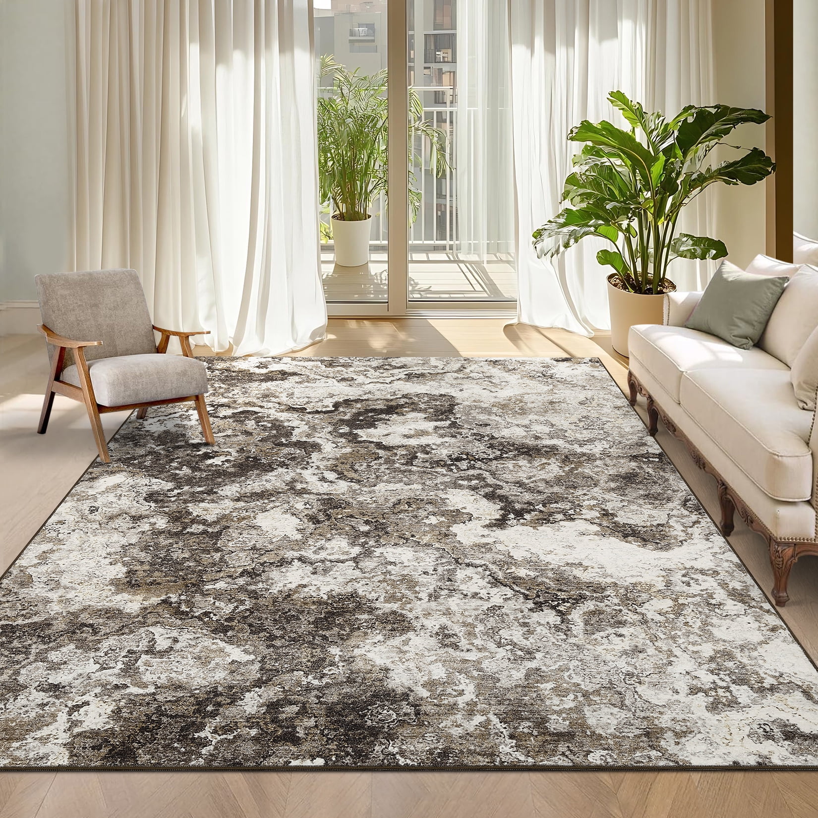 Garvee Modern Abstract Area Rugs for Living Room, 5'x7' Soft Washable Rugs Print Pattern Non Slip Floor Carpet, Low Pile Indoor Rug for Bedroom Dining Room, Brown