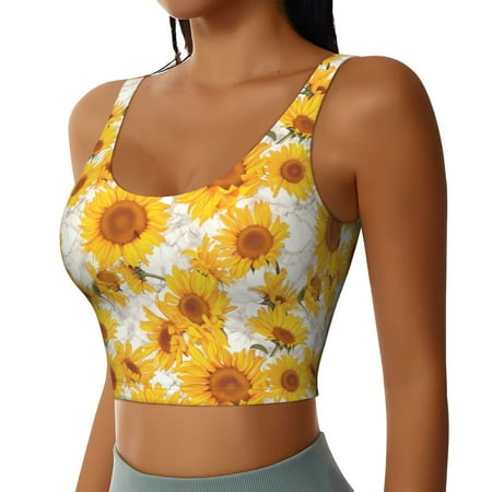 Haiem White Marble Pattern Sunflower Pattern Womens Sports Bra - U Neck Padded Low Impact Yoga Bra Workout Crop Top Gym Moisture-Wicking Workout Vest -X-Large