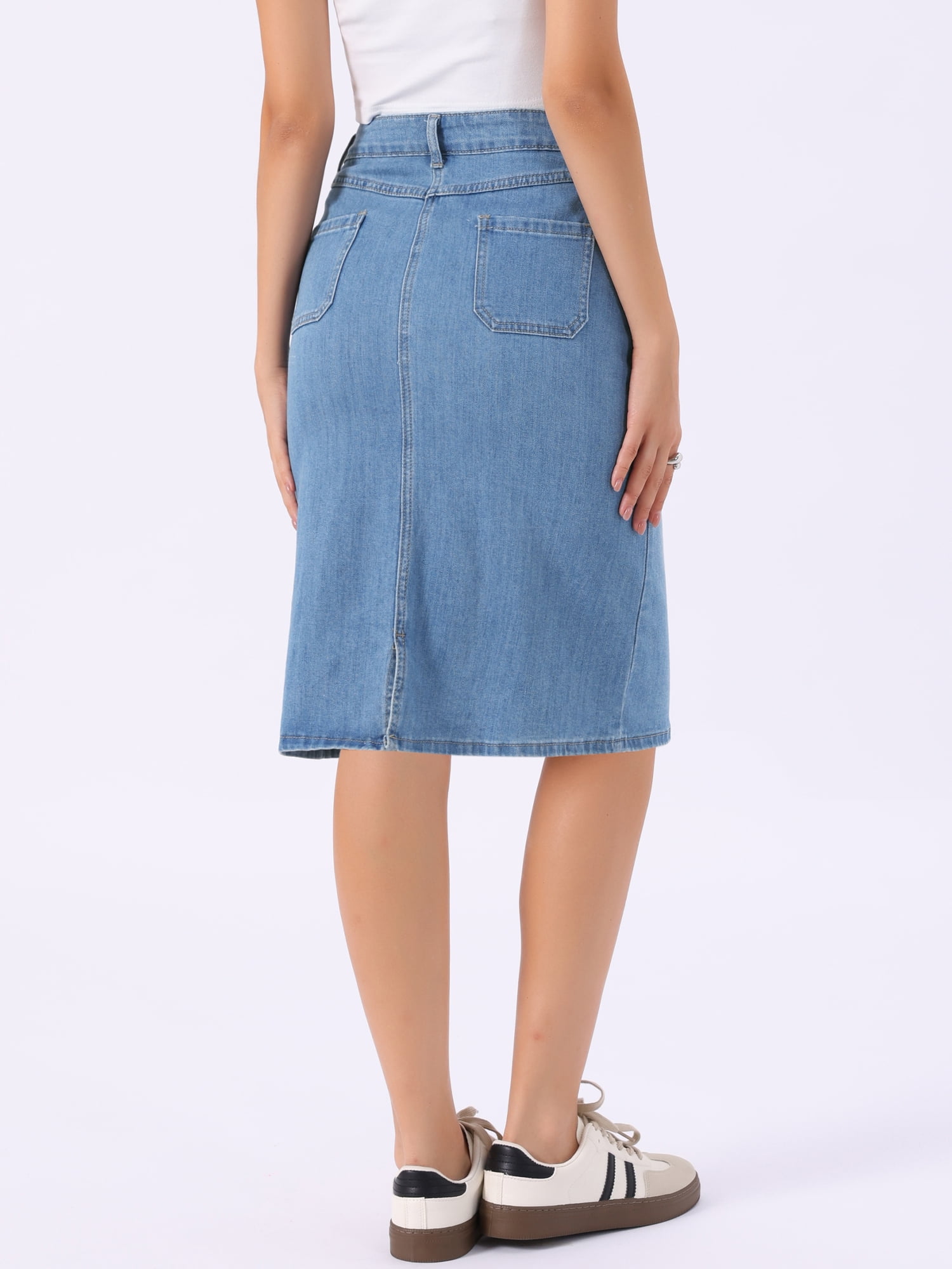 DARING DIVA Women's Back Slit Pockets Knee Length Stretch Jean Skirts Large Blue