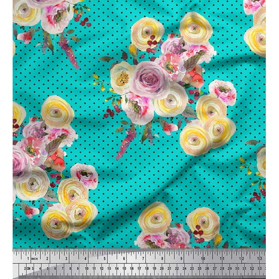 Soimoi Green Rayon Fabric Dot,Yellow & Pink Floral Printed Fabric 1 Yard 42 Inch Wide