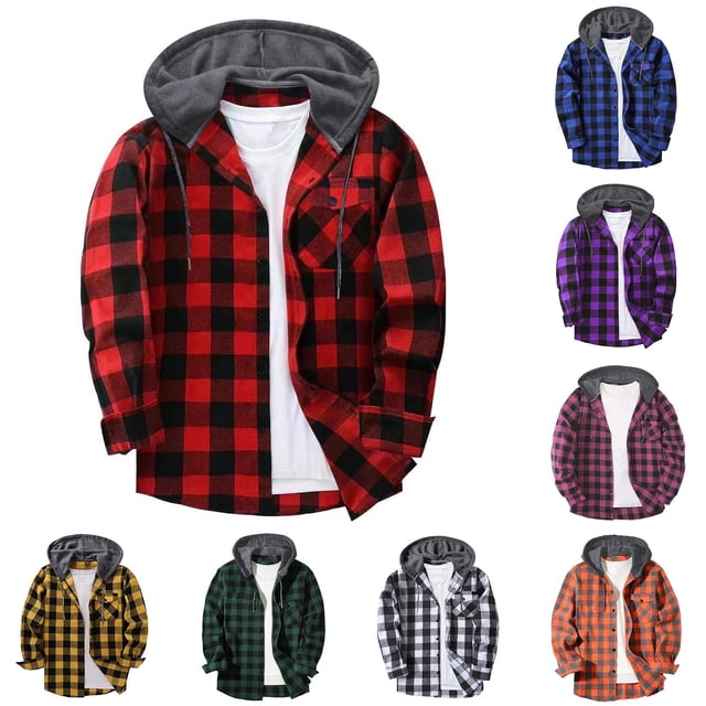 Jinhomg Chemises à Carreaux pour Hommes Grandes Tailles Manches Longues Chemises à Capuche en Flanelle Décontractées Vestes à Boutons Rouges,P