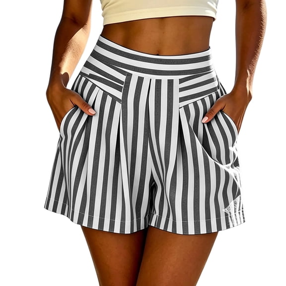 jjayotai Womens Shorts Elastic Waist Striped Shorts Pleated Wide Leg Beach Shorts Casual Summer Shorts with Pockets