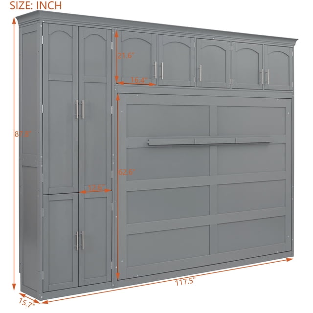 Lit Escamotable Grand Size avec Armoires, Gris