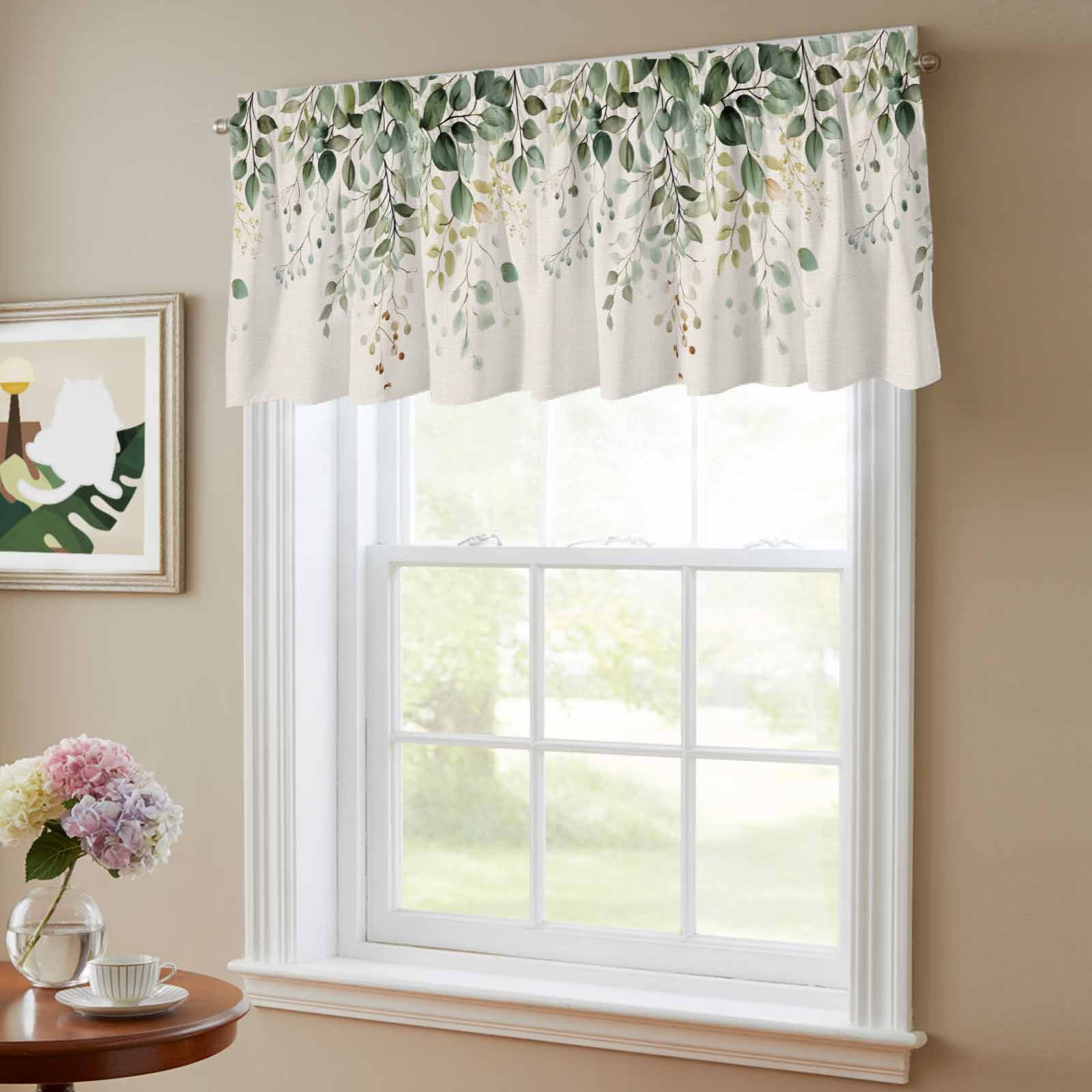 2 Pack Eucalyptus Leaf Valance for Window Country Plant Linen Texture Kitchen Valance Rod Pocket Short Curtain Topper Decorative Window Treatment for Living Room Bedroom 42"x18"