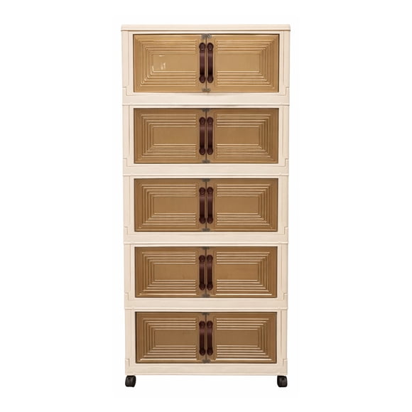 Intexca Armoire de Rangement Pliable à 5 Niveaux avec Roues, Organisateur Vertical Empilable en Plastique avec Portes Transparentes, outil-Free Assembly, Beige/blanc