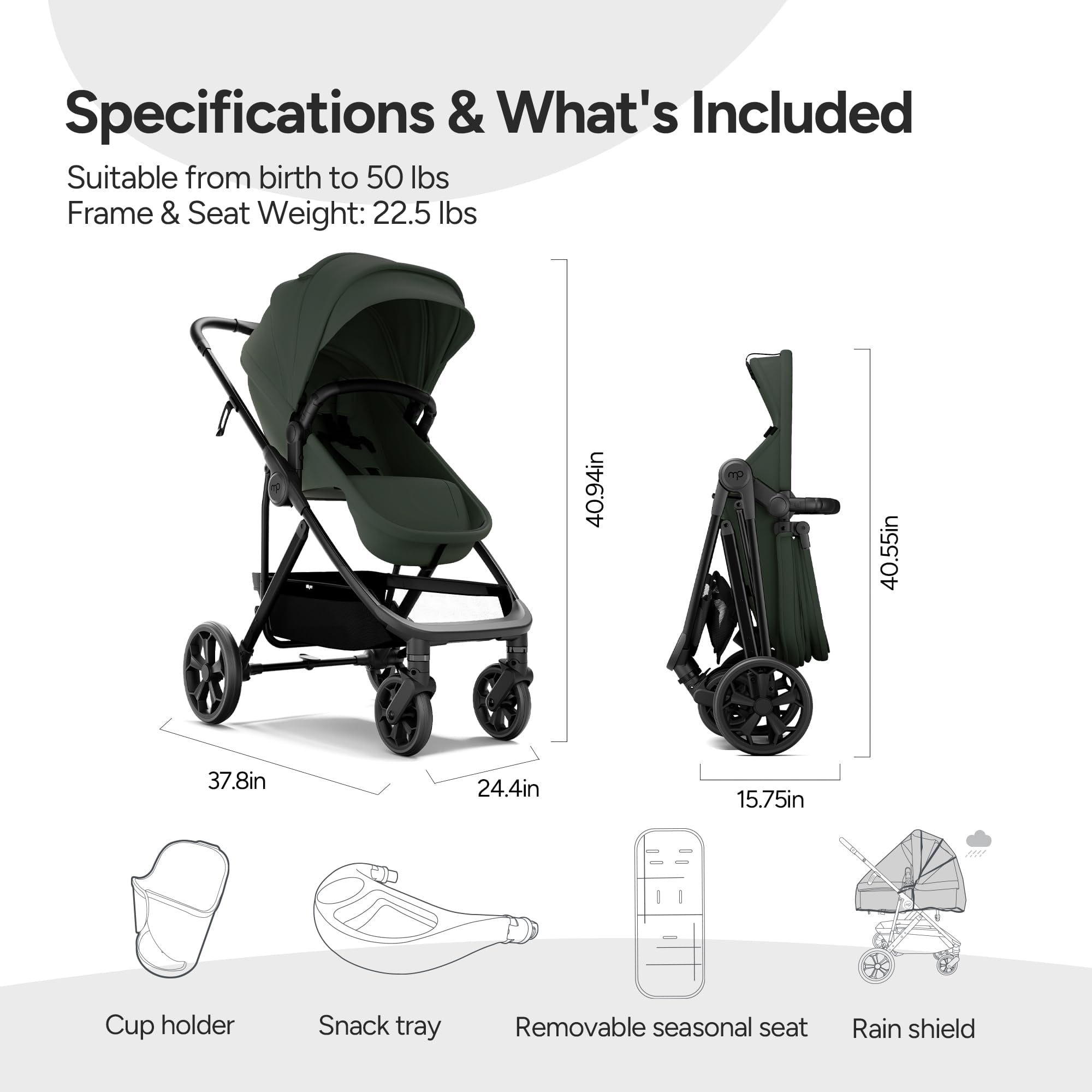 Mompush Wiz Pro 2-in-1 Baby Stroller with Bassinet Mode, Full-Size All-Terrain Premium Stroller from Newborn to Toddler, Forest, 23.8LB, Unisex