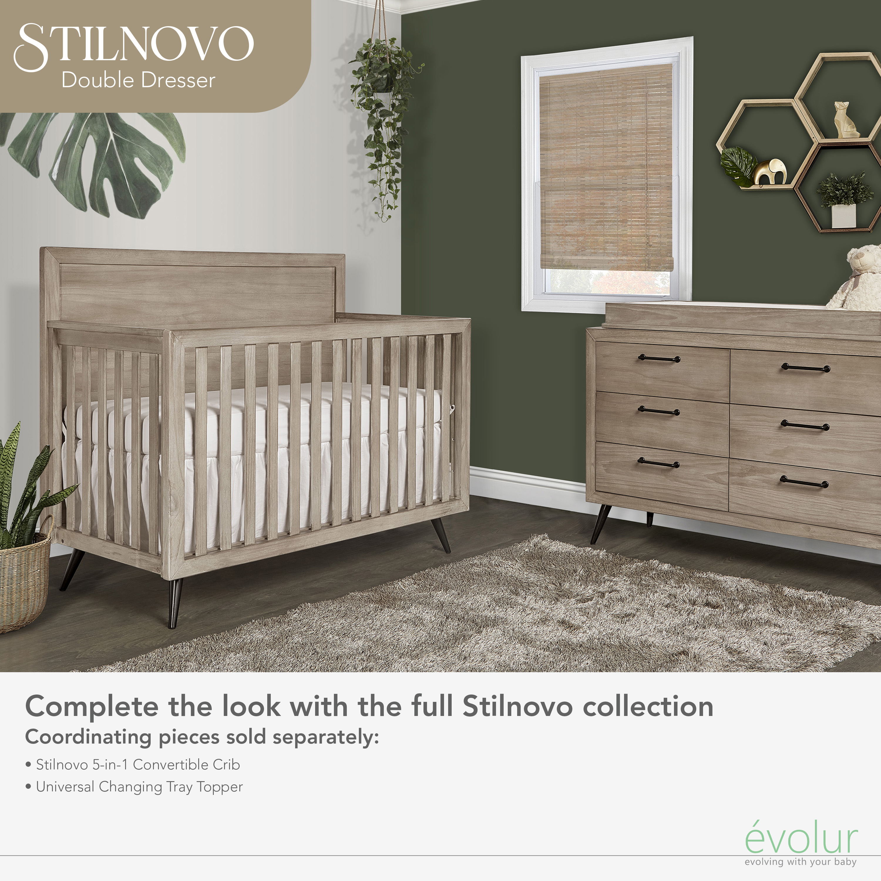 evolur Stilnovo Mid Century Double Dresser, Windsor Oak Grey