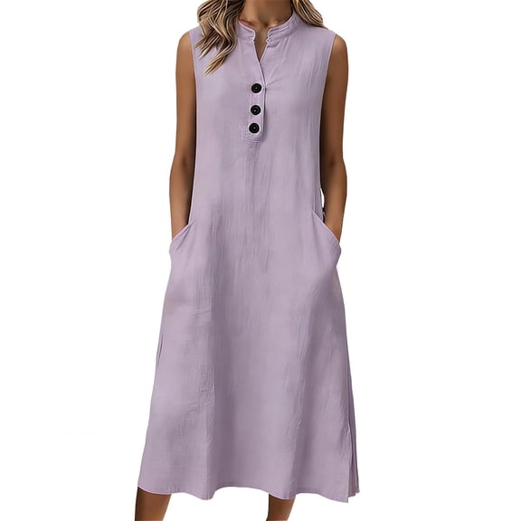Ashirexll Womens Summer Dresses, Casual Dresses for Women, Casual Linen Blend Sleeveless V-Neck Button Front Slip Dress