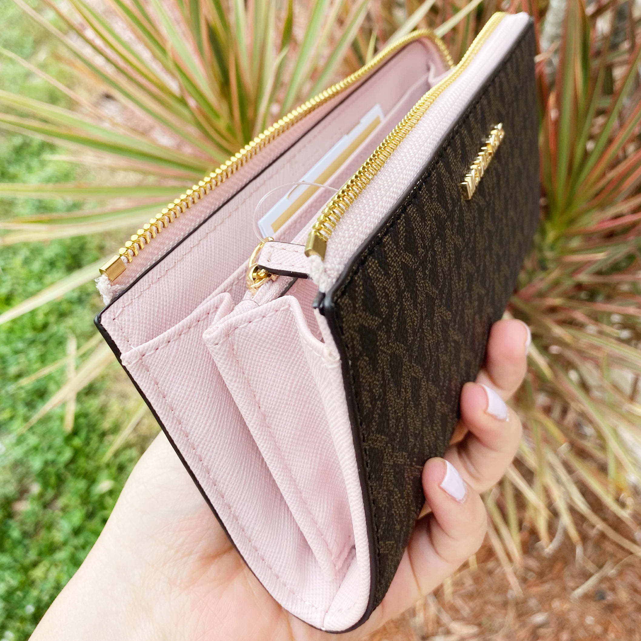 pink and brown michael kors wallet