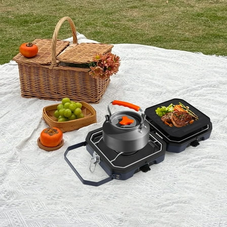 2-Burners Portable Stove Foldable Camp Stove with Grill Pan for Home Kitchens, Outdoor Camping, Barbecues