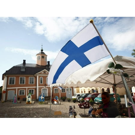 Finnish Flag and Medieval Town Hall, Old Town Square, Porvoo, Uusimaa, Finland, Scandinavia, Europe Print Wall