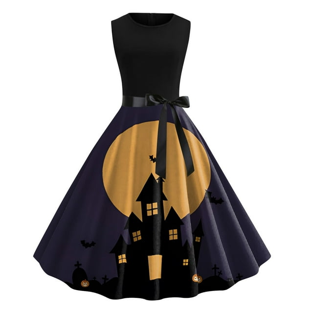 Robe Sans Manches à Col Rond Imprimée pour Femmes, Robe de Bal Élégante et Fluide pour Fête