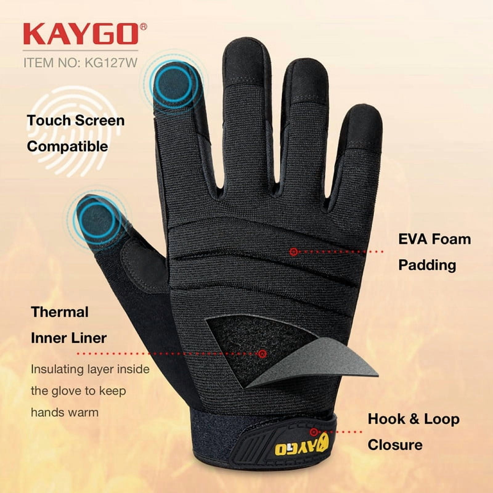 KAYGO Winter Thermal Safety Work Gloves, Insulated Mechanic Work Gloves, Double Lining, Ideal for outdoor jobs, Black, L