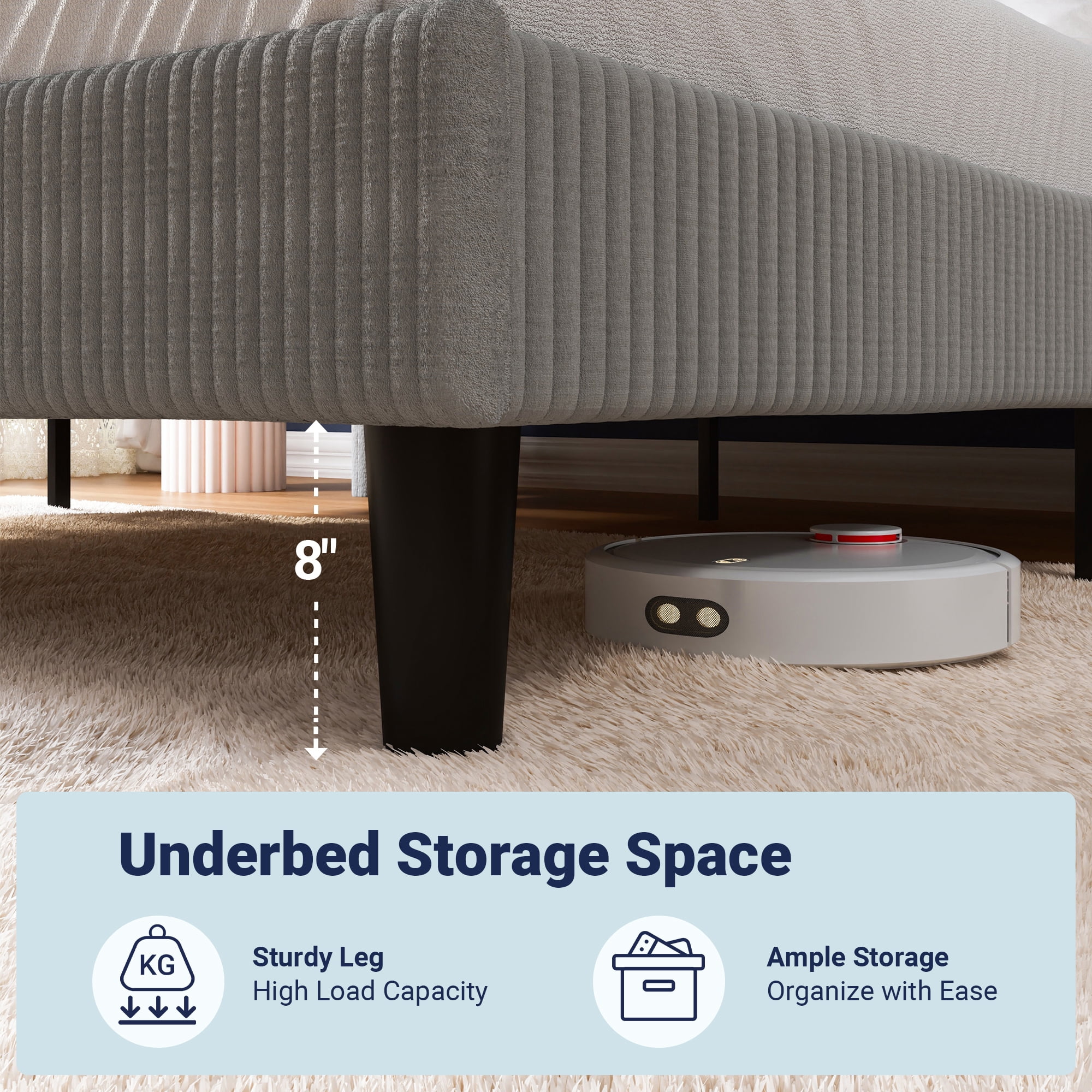 Allewie Queen Corduroy Upholstered Platform Bed Frame with Vertical Channel Tufted Wingback Headboard, 8" Under Bed Storage, Wooden Slats and Metal Frame Support, No Box Spring Needed, Light Gray