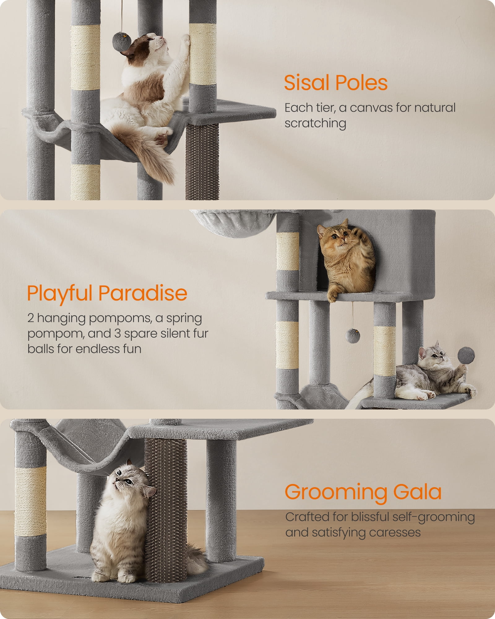 69 Inch Tall Cat Tree Tower for Indoor Cats, Multi-Level Cat Condo with 2 Caves, 2 Baskets, 5 Scratching Posts, Self-Groomer, Perch, and Hammock, Dove Gray