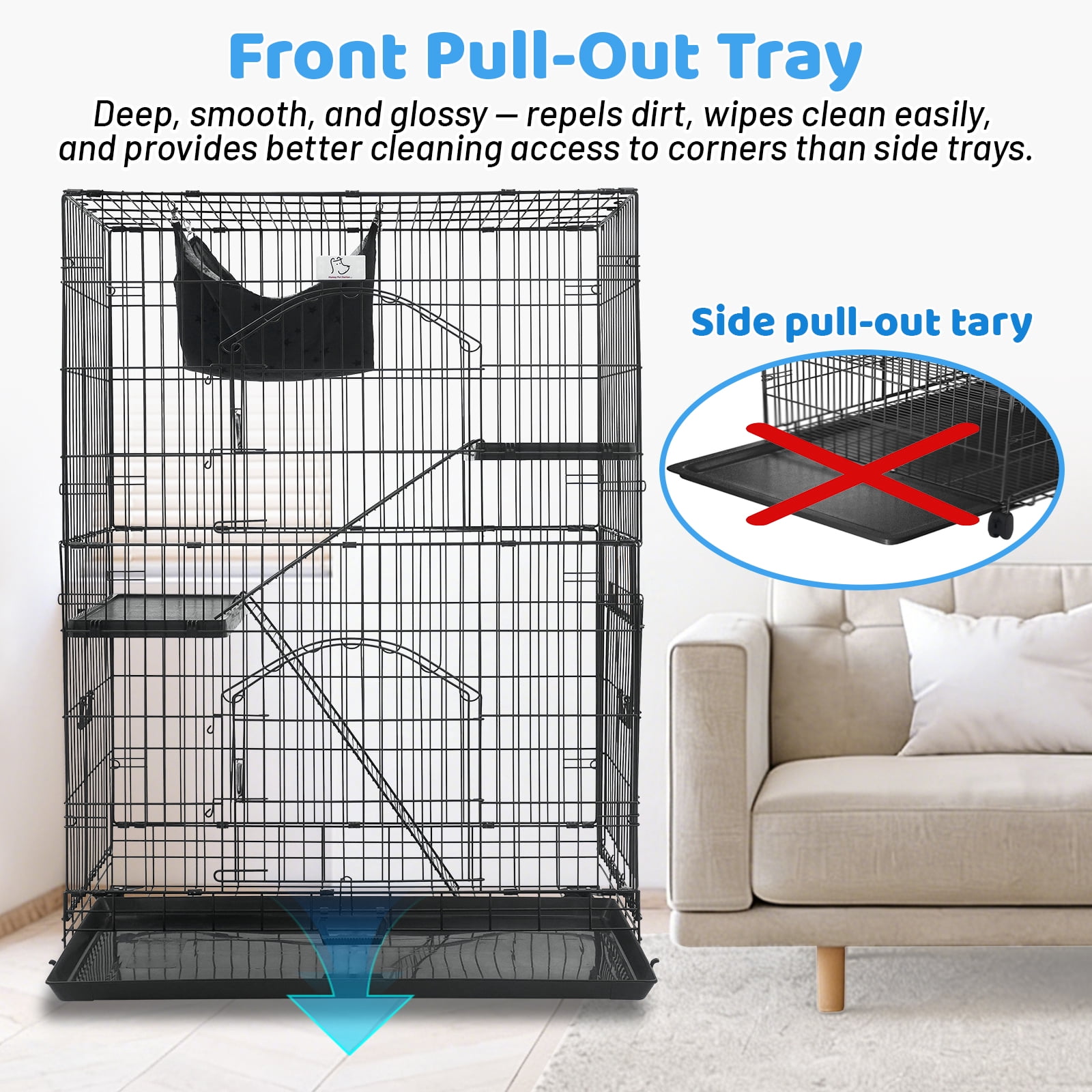 Homey Pet 51 Inch Cat Cages Indoor, 3-Tier Cat Crates for Indoor Cats, Collapsible Metal Wire Large Cat Kennel Big Multi-Level Kitten Crate with Wide Side Door, Plastic Platform, Ramp, 360° Wheel