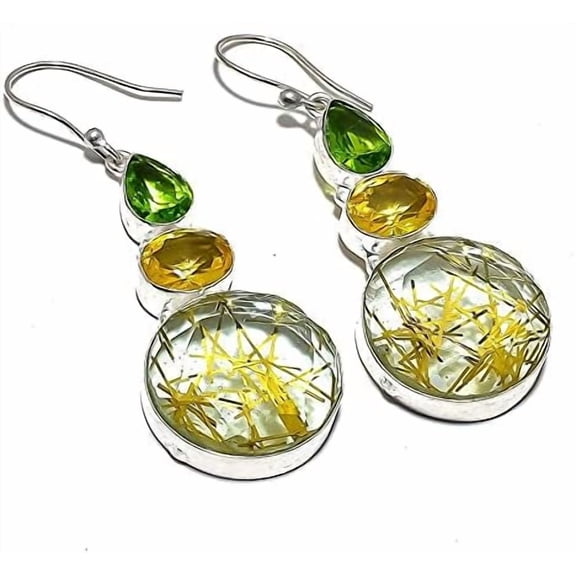 Golden Tourmalated Rutile Quartz .925 Silver Jewelry Earring 2.2" JP-3716[q525]