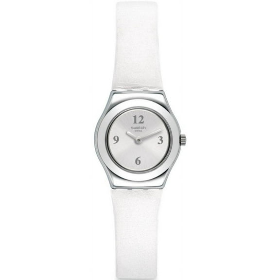 Swatch YSS296 Silver Tone Dial White Leather Strap Women's Watch