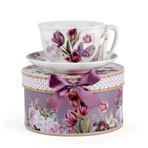 STP GOODS Tulip Bone China Tea Cup and Saucer Set for 1 in Gift Box 8.45 fl oz (250 ml) Kitchen Teacup Floral Porcelain Tea and Coffee Cup, White and Purple