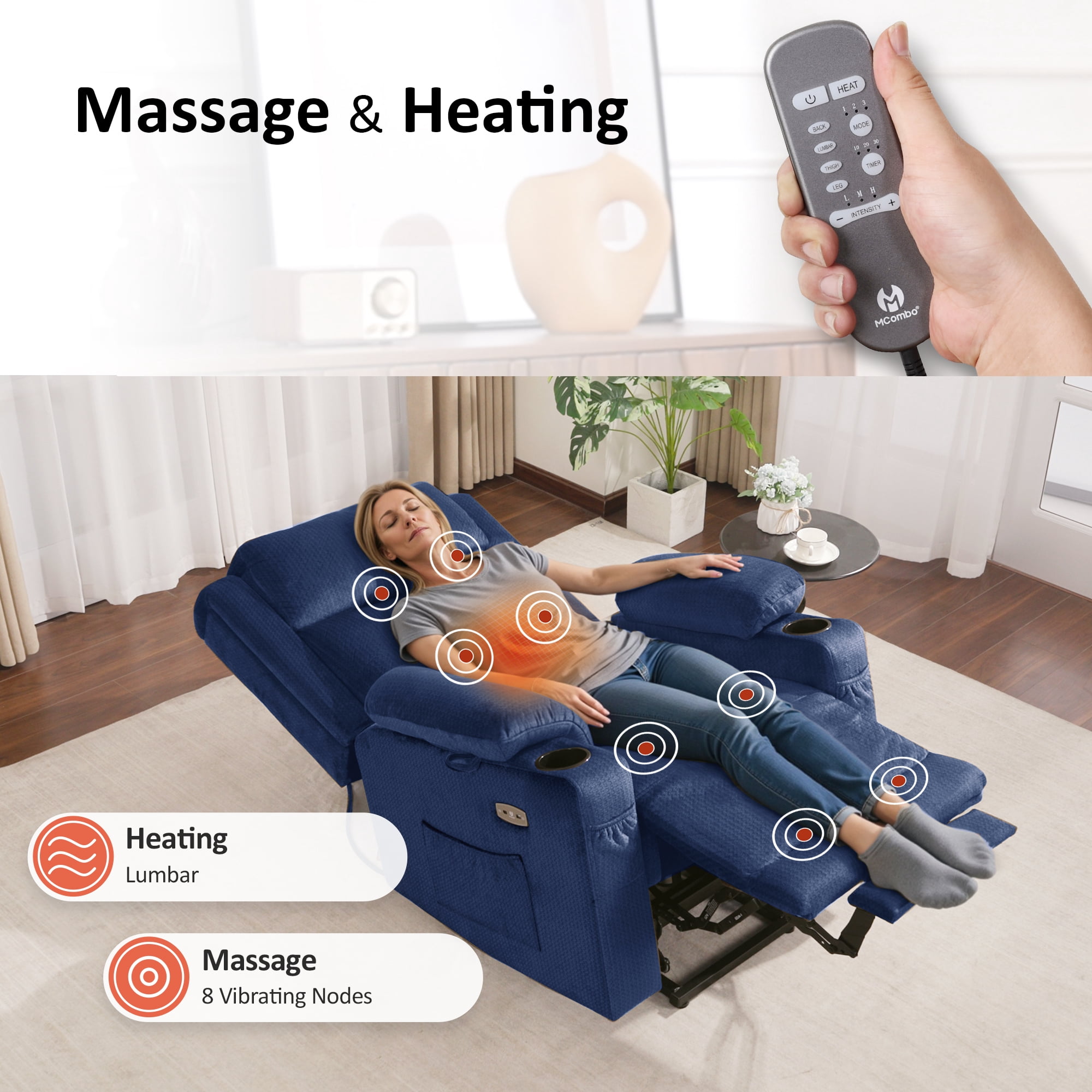 MCombo Lay Flat Triple Motor Power Lift Recliner for Big and Tall, Adjustable Headrest, Fabric(Navy Blue)