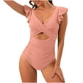 thumbnail image 5 of One-piece Bikini Sets for Women Cutout Padded Short Ruffle Sleeve Deep V-neck Tummy High Waisted Thong Beachwear Swimwear Summer, 5 of 6