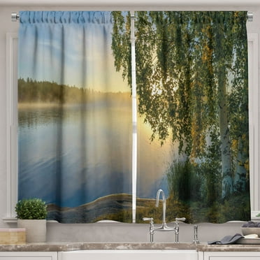 Ambesonne Tree Kitchen Curtains, Sunny Misty Lake Summer, 55"x39", Fern Green Pale Blue