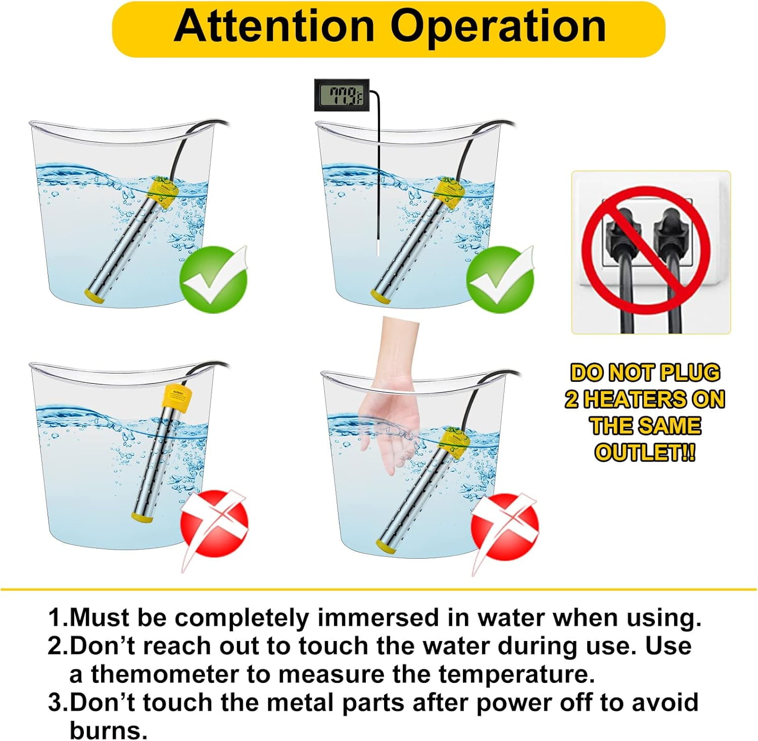 2 Pcs Immersion Water Heater with Stainless Steel Cover,1500W Portable Bucket Heater Heat 5 Gallons of Water in Minutes,Yellow