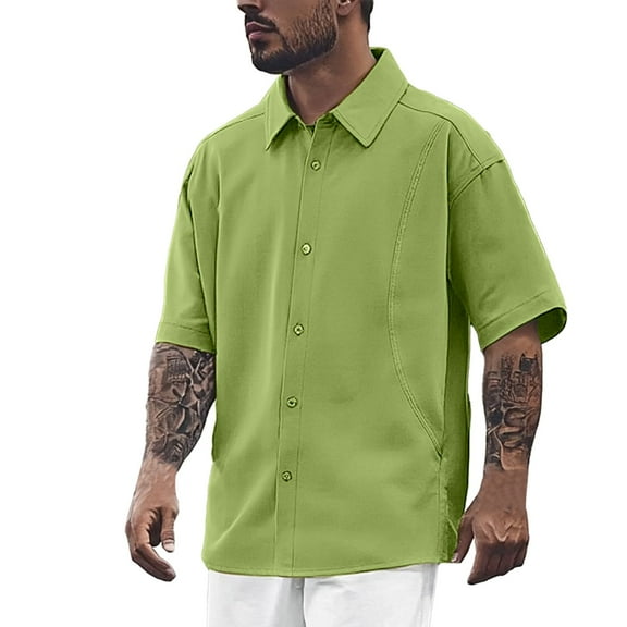 MIXUE Mens Casual Button Down Shirts Solid Color Lapel Summer Short Sleeve Shirt Tops Outwear,Green,L