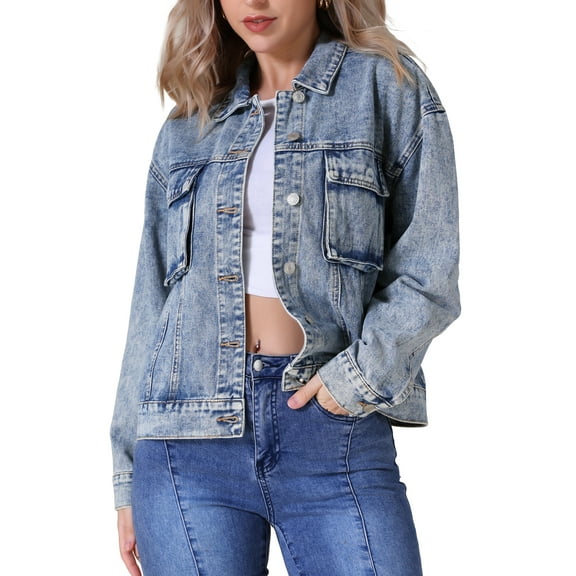 INSPIRE CHIC Women's Oversized Denim Button Down Chest Flap Pockets Jean Jacket S Gray Blue