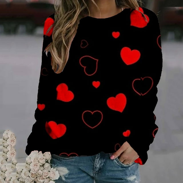 Qertyioot T-Shirt Graphique pour Femmes de la Saint-Valentin à Manches Longues, Chandail Mince Imprimé Décontracté à Col Rond /