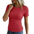 thumbnail image 6 of Fshiont Dressy Knit Womens Short Sleeve Stretch Crewneck Ribbed T-Shirt Fitted Casual Basic Tops Red 2XL, 6 of 6