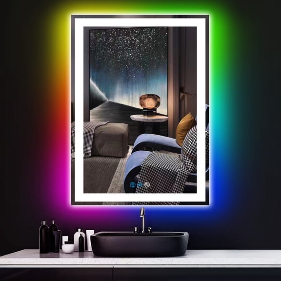 Rectangle 20" x 30" Bathroom Led Mirror with Front Lights Rainbow Color   3 Color Changing Light RGB Backlit Lighted Mirror for Bathroom Wall 30" Makeup Vanity Light up LED Mirrors
