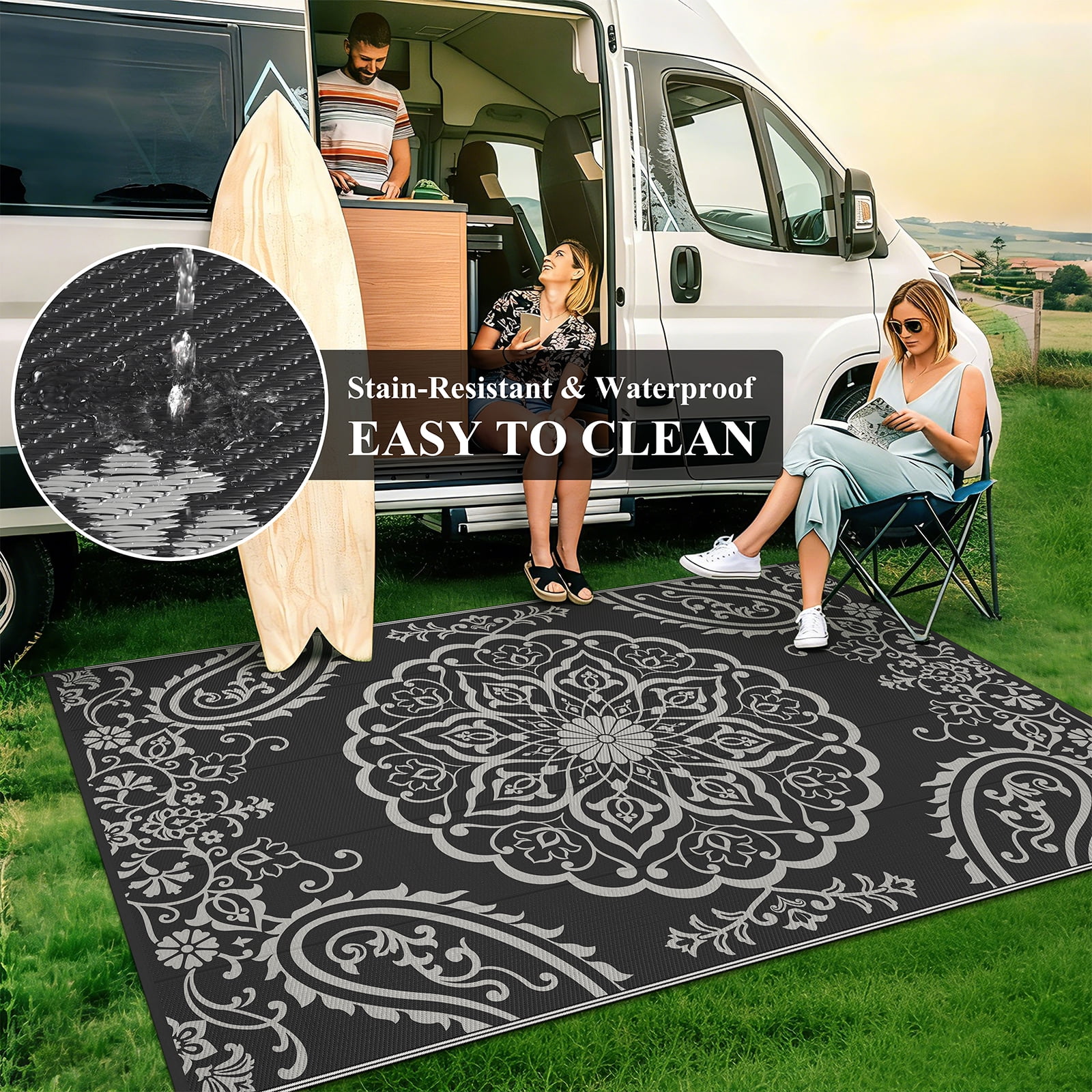 MeyJey 6'x9' Outdoor Rugs for Patio, Patio Rug Waterproof RV Mats, Plastic Straw Camping Area Rug for Indoor Porch Balcony Beach Mat, Black/Grey
