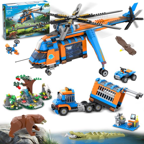 CUBIMANA City Jungle Adventurer Helicopter Building Toys - 1356PCS Forest Truck Adventure Building Set with Car Crocodile Brown Bear Wildlife Rescue Blocks Playset Gift