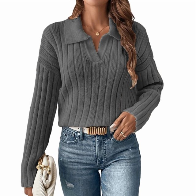 Suéteres de Punto para Mujer, Suéteres de Larga con Cuello en V, Camisetas Casuales, Conjuntos de Moda de Otoño Gris Oscuro XL